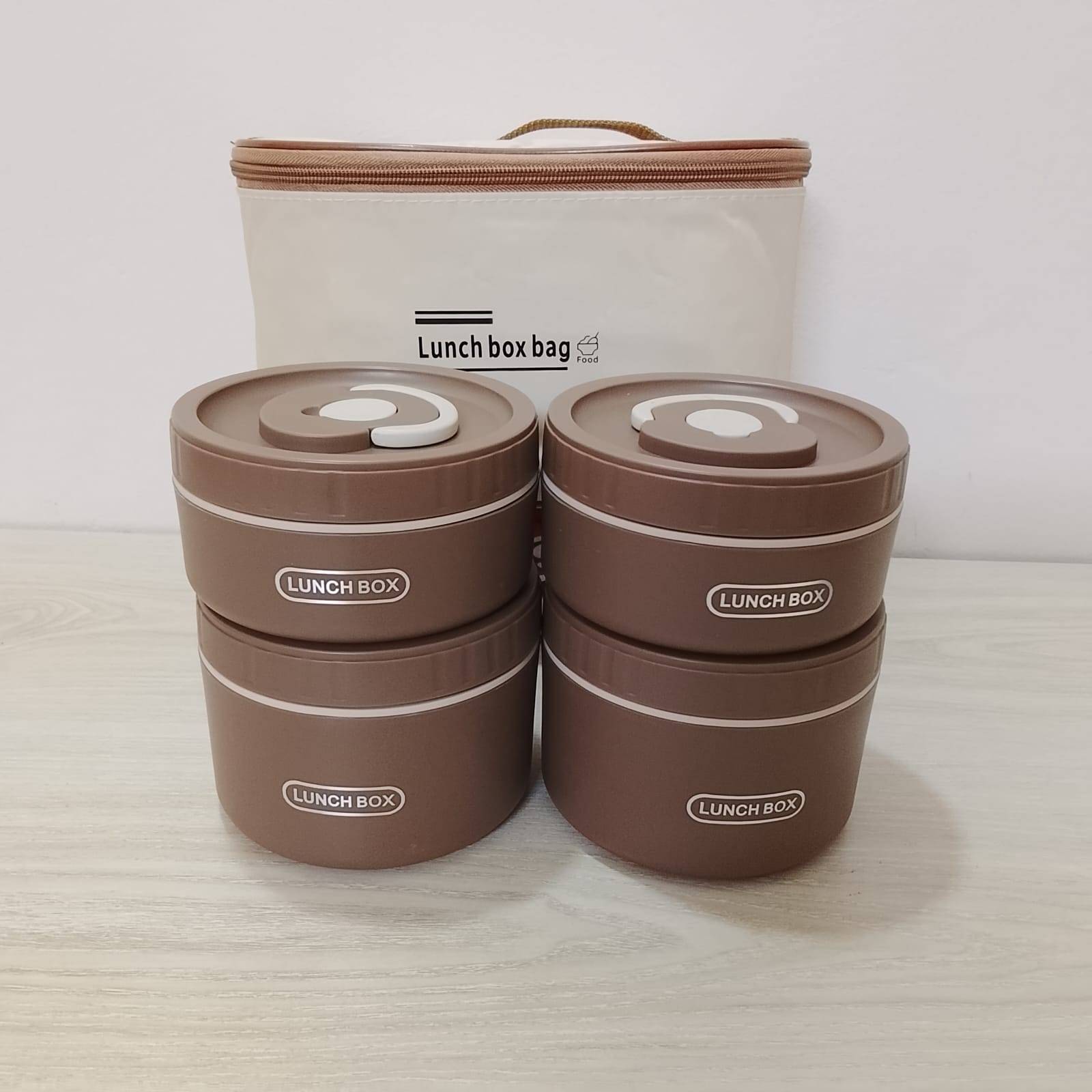 4 Piece Stainless Steel Brown Lunch Box With Foil Bag